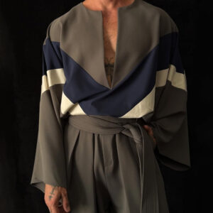 Grey Color-Block Top And Wide-Leg Pants Set