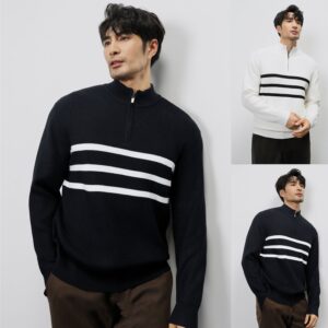 Autumn And Winter New Long-sleeved Knitted Sweater For Men Half-zip Stand-up Collar Stripe